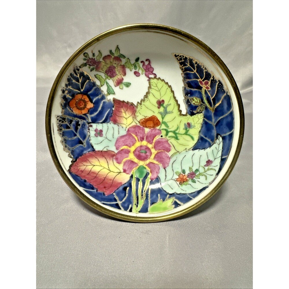 Vintage Japanese Tobacco Leaf Bowl Metal Rim 5 3/4” inch Porcelain Flower Blue